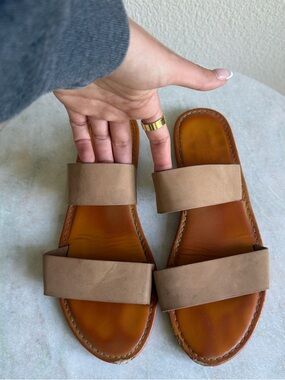 BAMBOO Brown Tan Double-Strap Slide Sandals